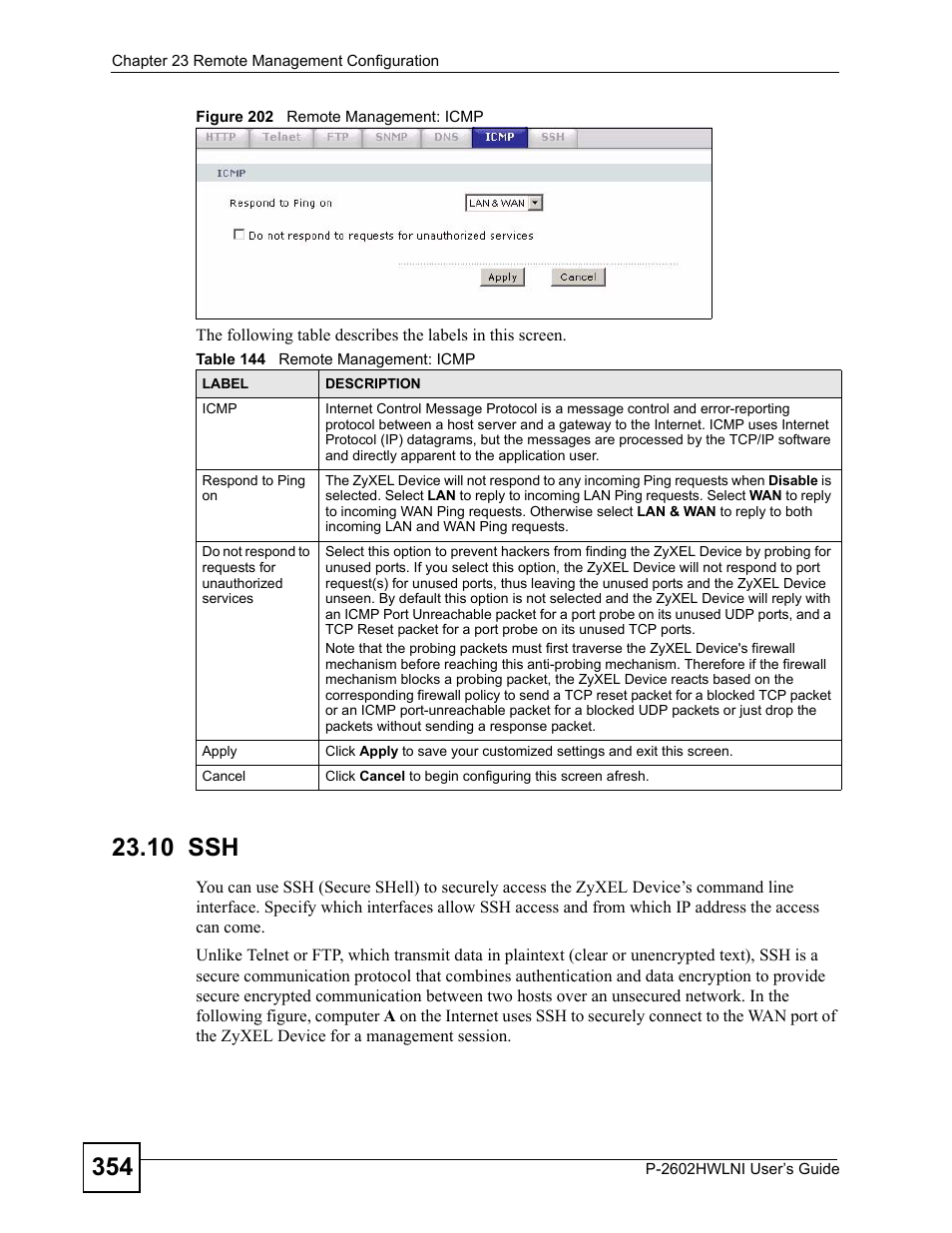 10 ssh, Figure 202 remote management: icmp, Table 144 remote management: icmp | ZyXEL Communications P-2602HWLNI User Manual | Page 354 / 496