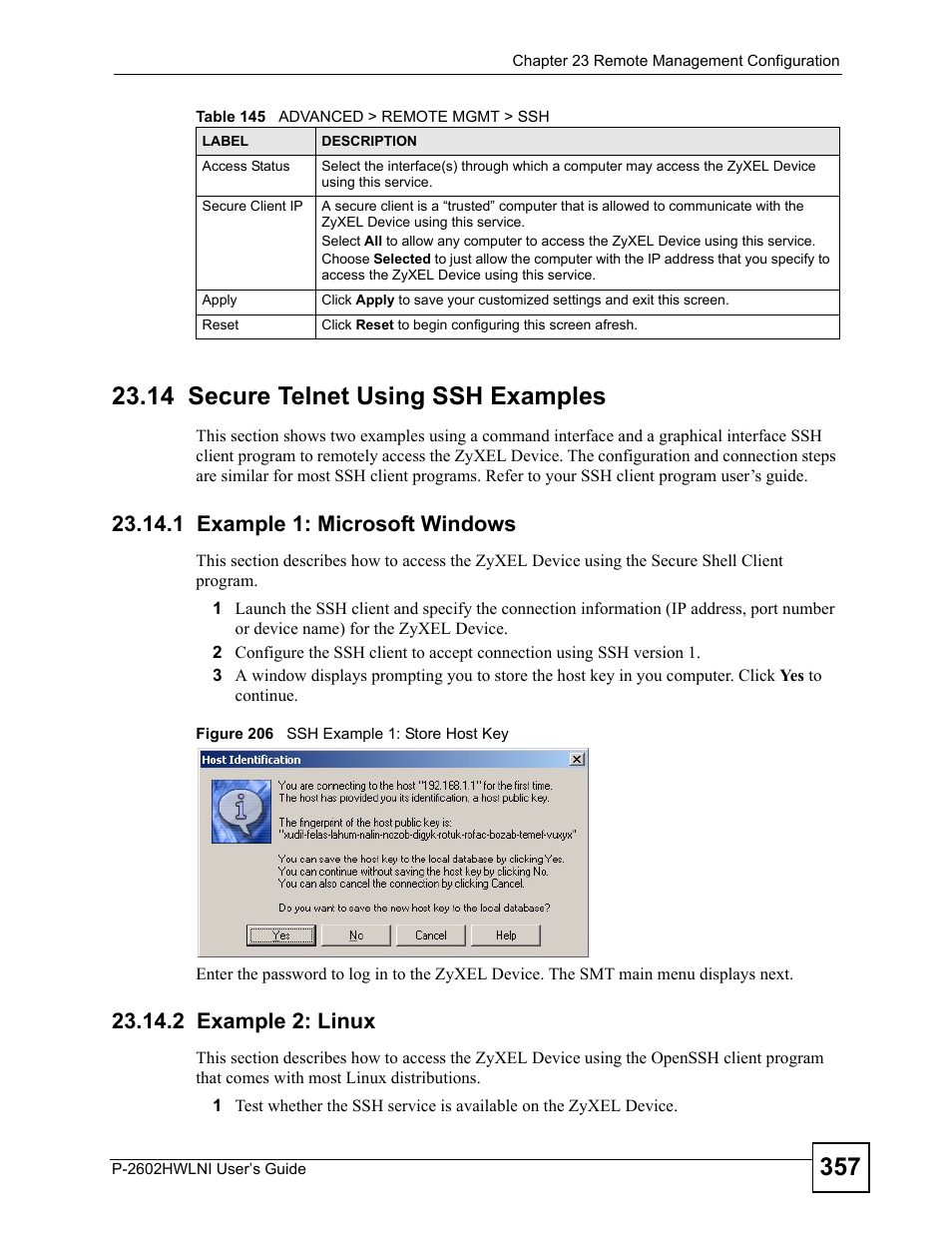14 secure telnet using ssh examples, 1 example 1: microsoft windows, 2 example 2: linux | Figure 206 ssh example 1: store host key | ZyXEL Communications P-2602HWLNI User Manual | Page 357 / 496