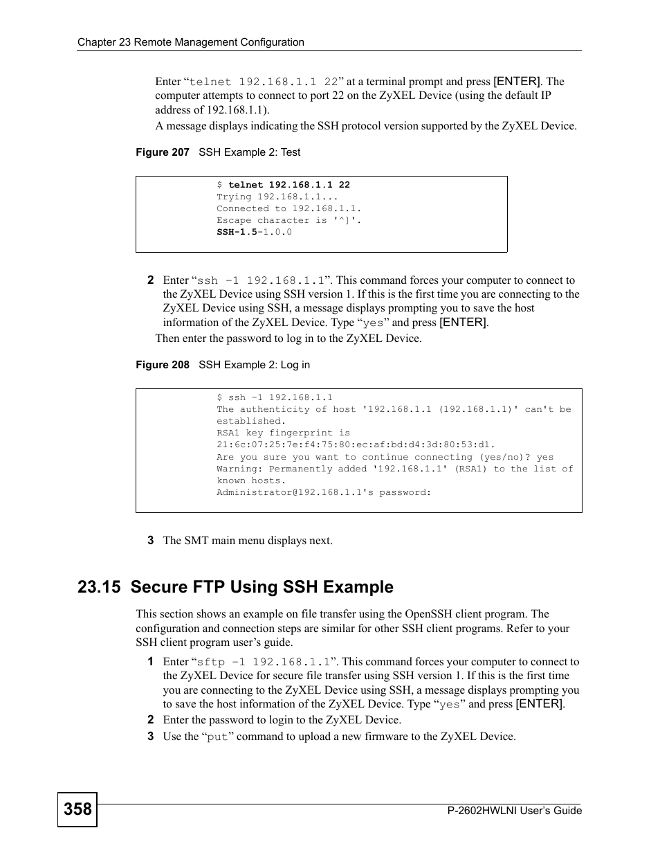 15 secure ftp using ssh example | ZyXEL Communications P-2602HWLNI User Manual | Page 358 / 496