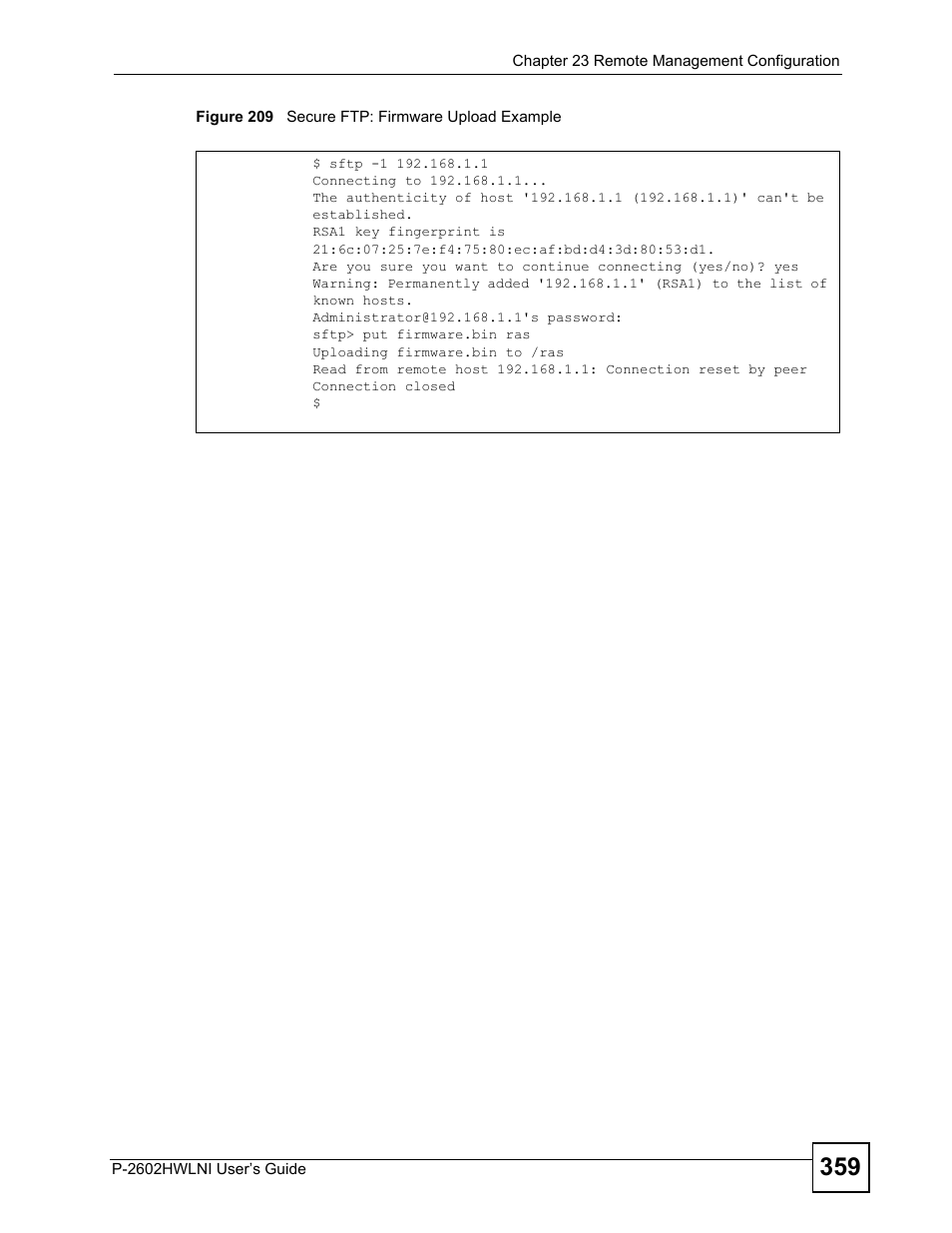 Figure 209 secure ftp: firmware upload example | ZyXEL Communications P-2602HWLNI User Manual | Page 359 / 496