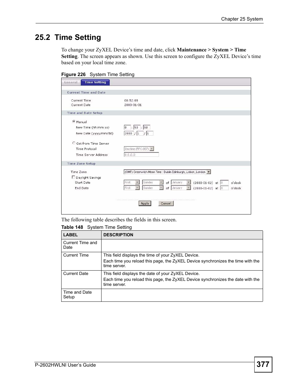 2 time setting, Figure 226 system time setting, Table 148 system time setting | ZyXEL Communications P-2602HWLNI User Manual | Page 377 / 496