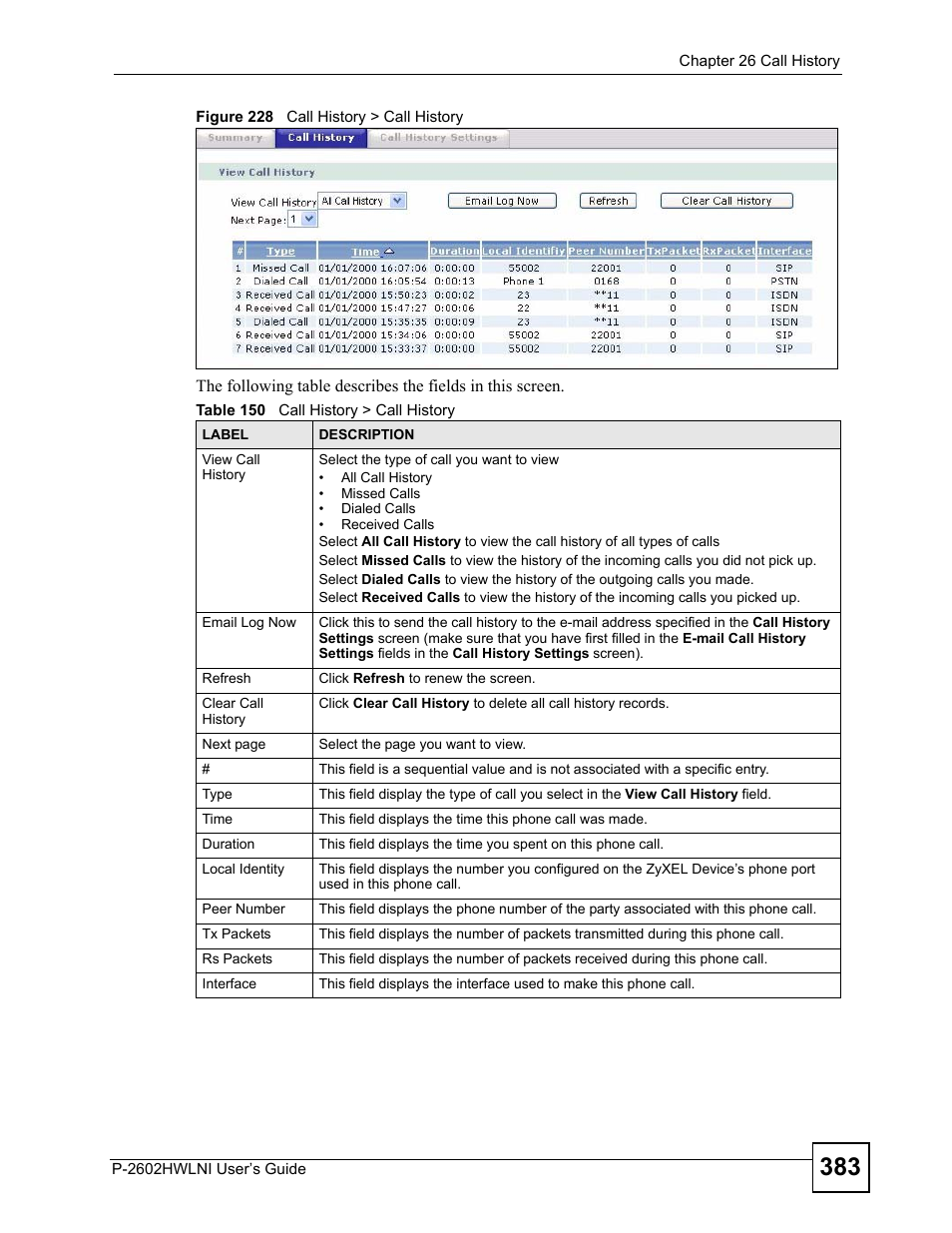 Figure 228 call history > call history, Table 150 call history > call history | ZyXEL Communications P-2602HWLNI User Manual | Page 383 / 496