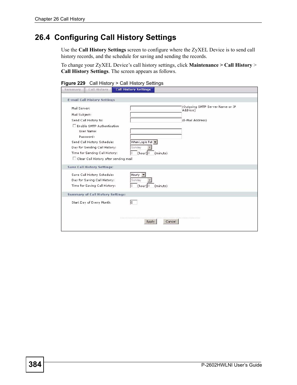 4 configuring call history settings, Figure 229 call history > call history settings | ZyXEL Communications P-2602HWLNI User Manual | Page 384 / 496