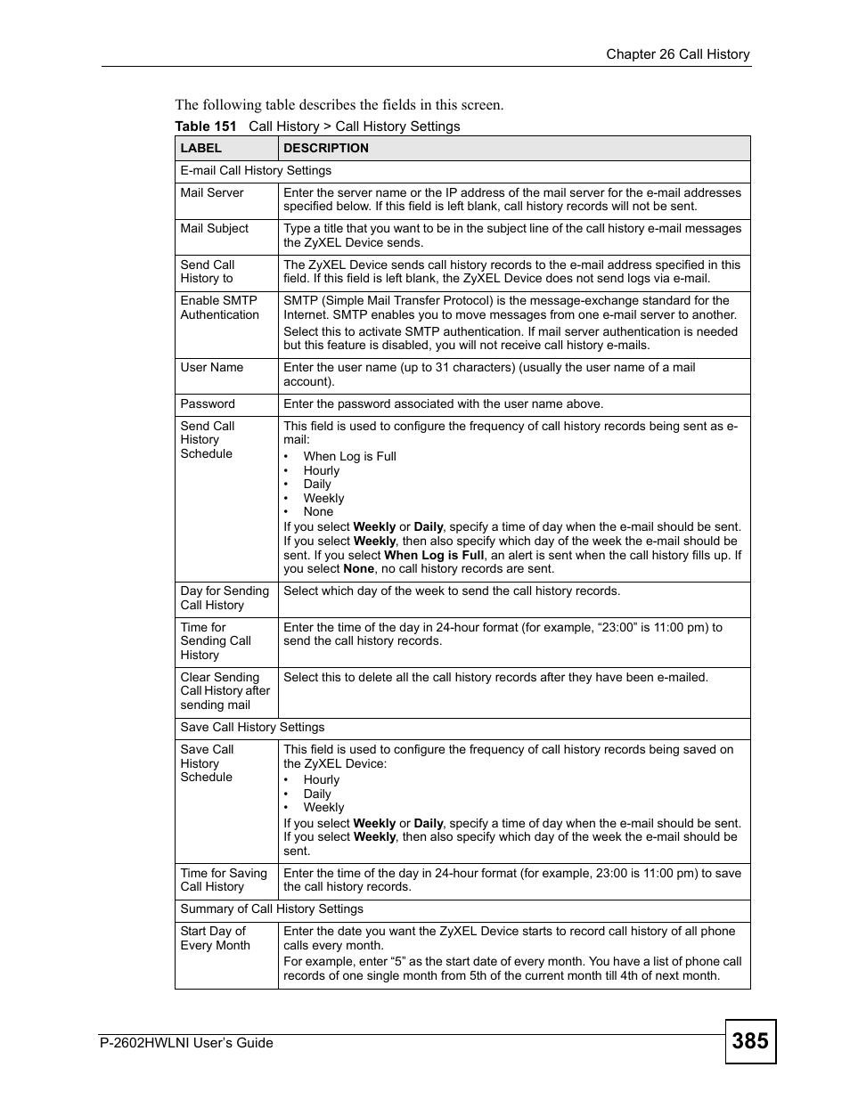 Table 151 call history > call history settings | ZyXEL Communications P-2602HWLNI User Manual | Page 385 / 496
