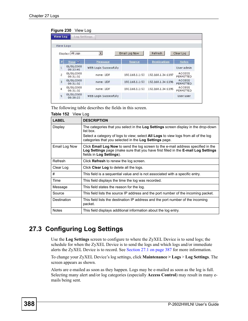 3 configuring log settings, Figure 230 view log, Table 152 view log | ZyXEL Communications P-2602HWLNI User Manual | Page 388 / 496