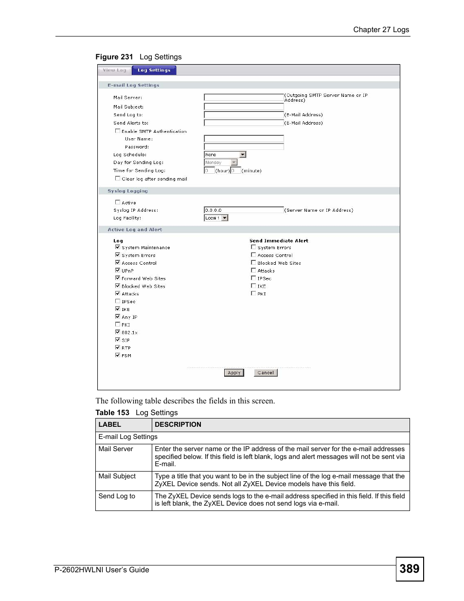 Figure 231 log settings, Table 153 log settings | ZyXEL Communications P-2602HWLNI User Manual | Page 389 / 496