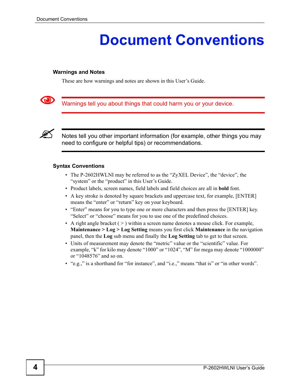 Document conventions | ZyXEL Communications P-2602HWLNI User Manual | Page 4 / 496