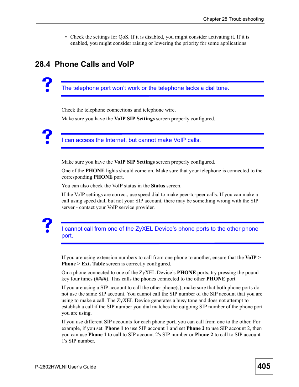 4 phone calls and voip, Phone calls and voip | ZyXEL Communications P-2602HWLNI User Manual | Page 405 / 496