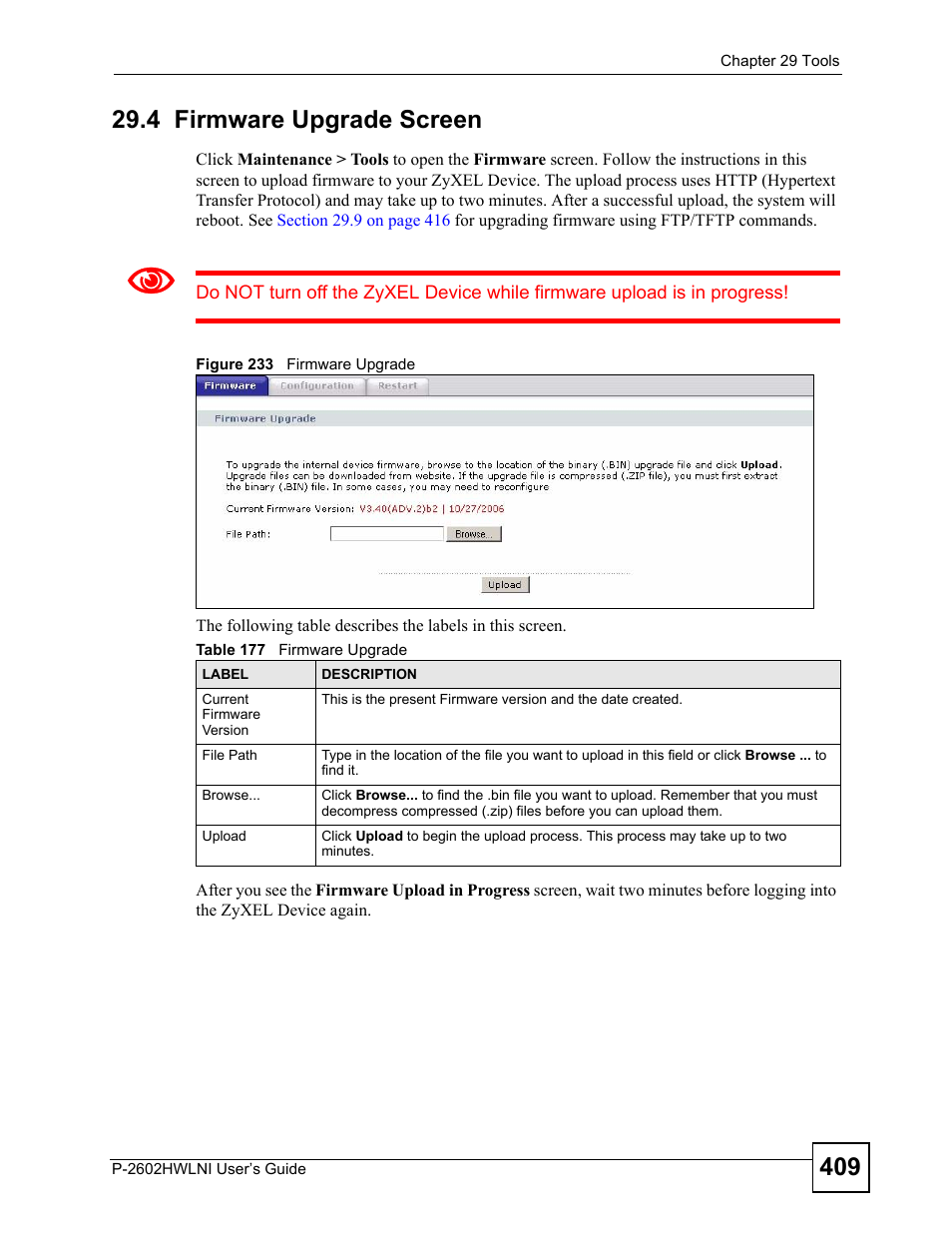 4 firmware upgrade screen, Figure 233 firmware upgrade, Table 177 firmware upgrade | ZyXEL Communications P-2602HWLNI User Manual | Page 409 / 496