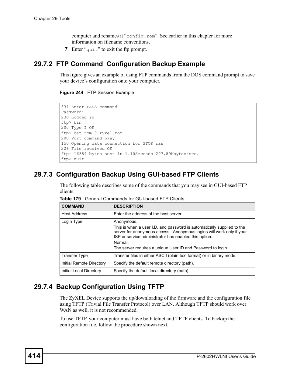 2 ftp command configuration backup example, 3 configuration backup using gui-based ftp clients, 4 backup configuration using tftp | Figure 244 ftp session example | ZyXEL Communications P-2602HWLNI User Manual | Page 414 / 496