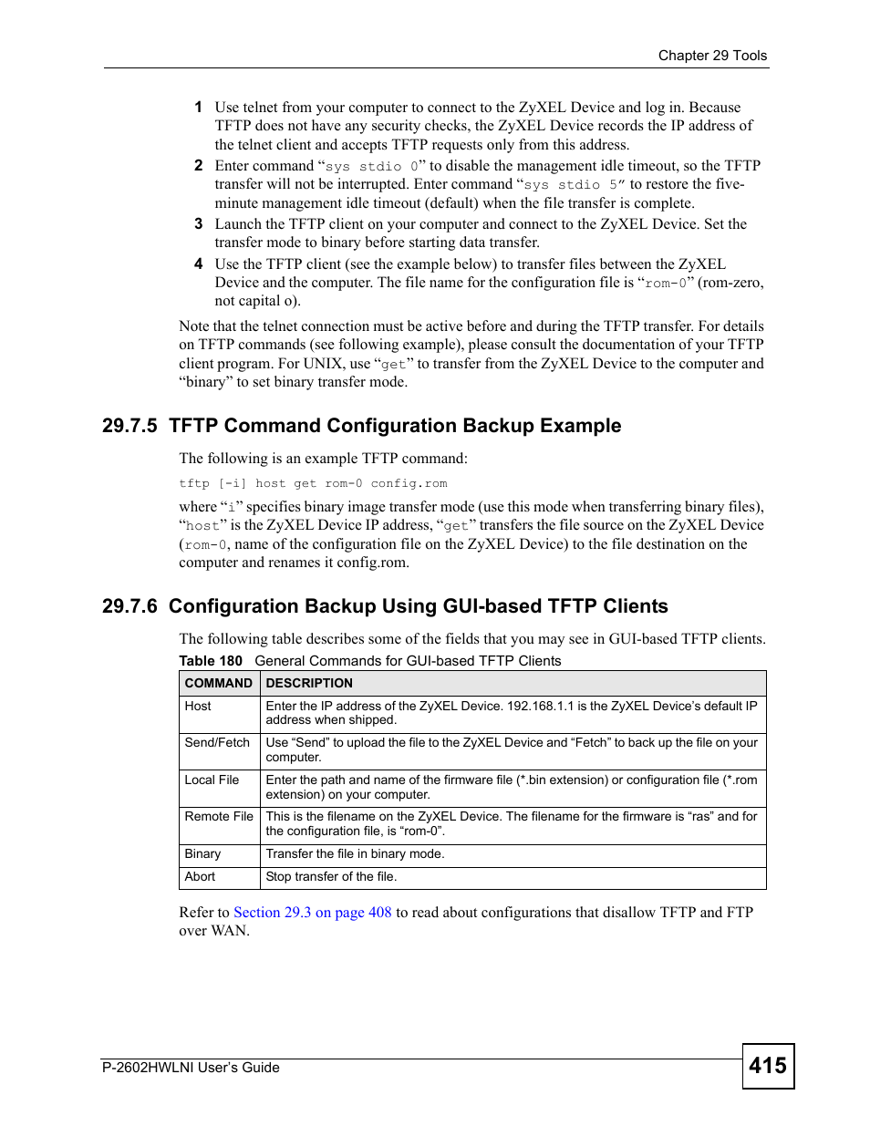 5 tftp command configuration backup example | ZyXEL Communications P-2602HWLNI User Manual | Page 415 / 496