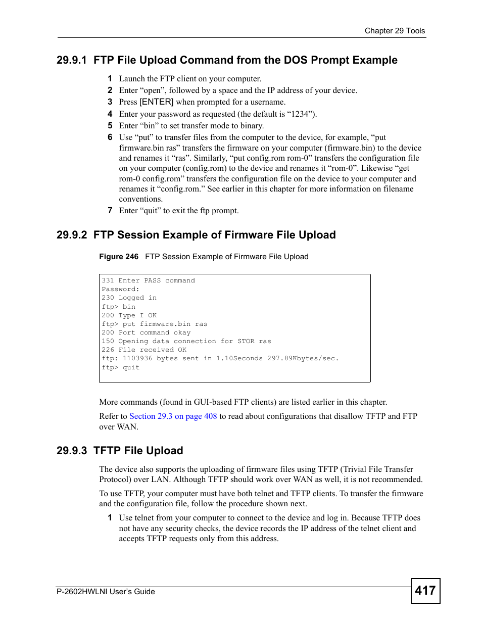 2 ftp session example of firmware file upload, 3 tftp file upload | ZyXEL Communications P-2602HWLNI User Manual | Page 417 / 496