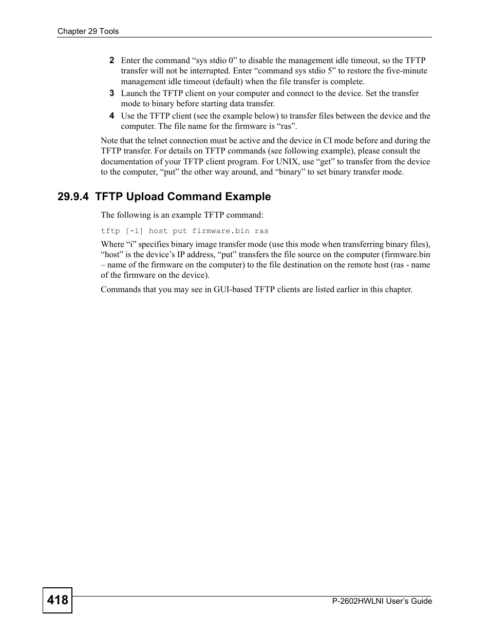 4 tftp upload command example | ZyXEL Communications P-2602HWLNI User Manual | Page 418 / 496