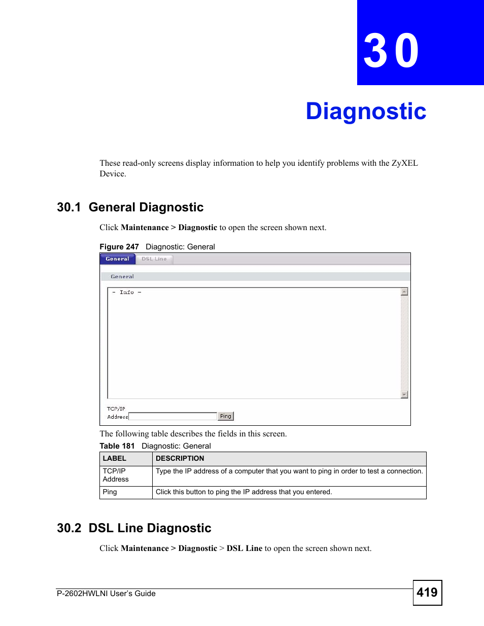 Diagnostic, 1 general diagnostic, 2 dsl line diagnostic | Chapter 30 diagnostic, 1 general diagnostic 30.2 dsl line diagnostic, Figure 247 diagnostic: general, Table 181 diagnostic: general, Diagnostic (419) | ZyXEL Communications P-2602HWLNI User Manual | Page 419 / 496