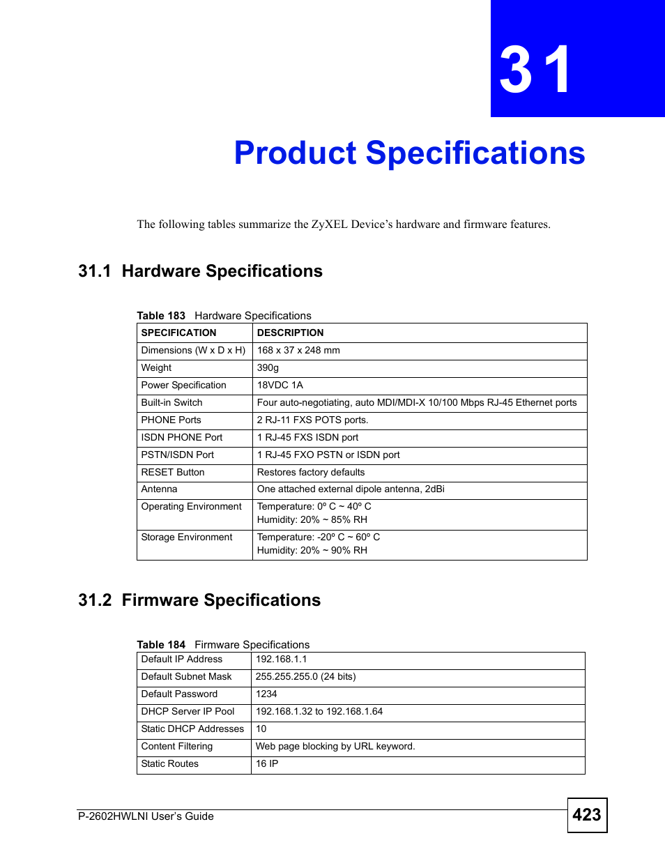 Product specifications, 1 hardware specifications, 2 firmware specifications | Chapter 31 product specifications, Product specifications (423) | ZyXEL Communications P-2602HWLNI User Manual | Page 423 / 496