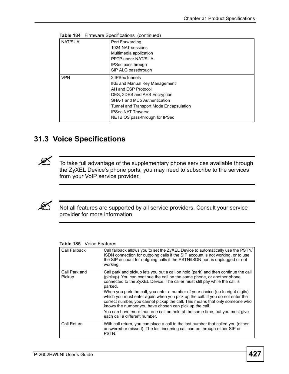 3 voice specifications, Table 185 voice features | ZyXEL Communications P-2602HWLNI User Manual | Page 427 / 496