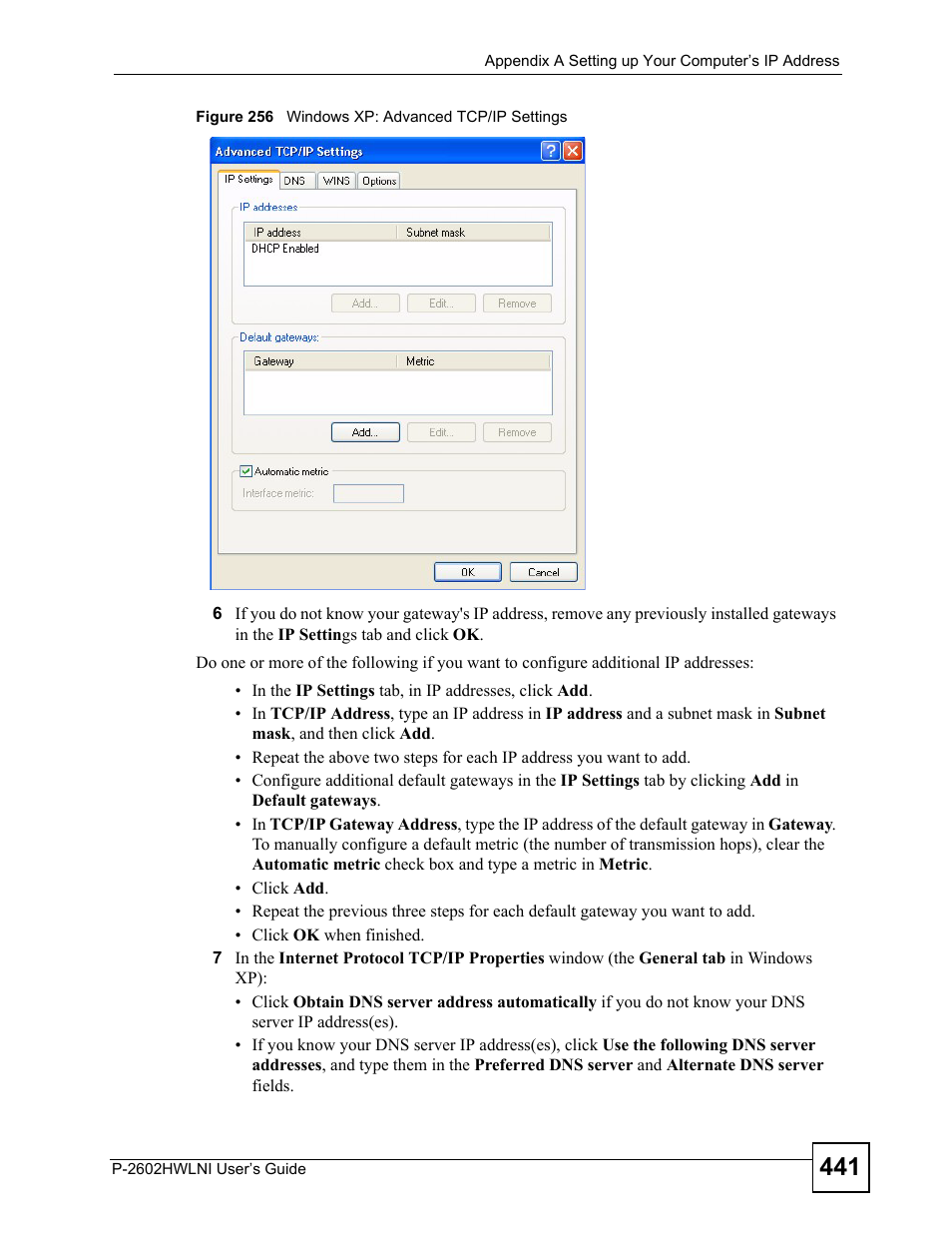 Figure 256 windows xp: advanced tcp/ip settings | ZyXEL Communications P-2602HWLNI User Manual | Page 441 / 496
