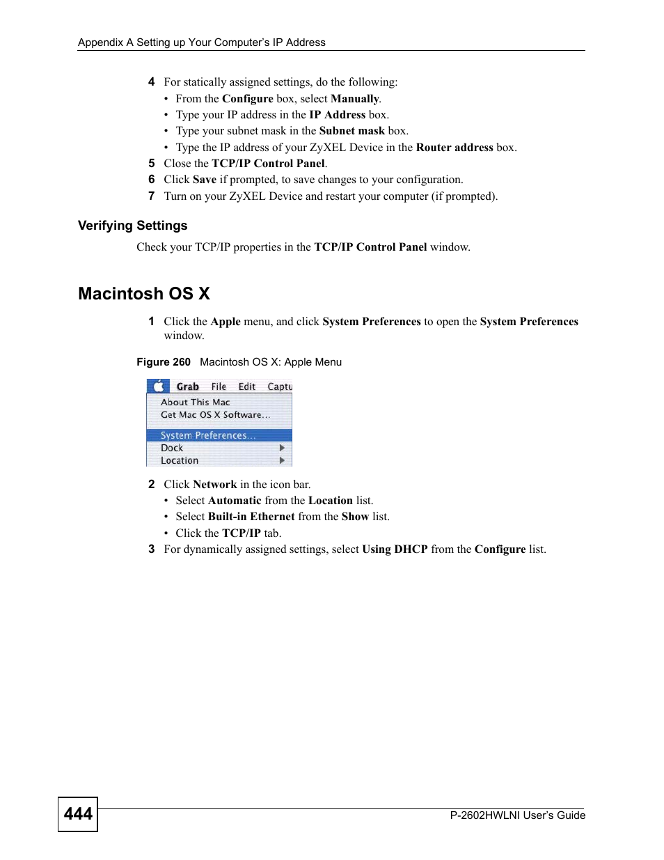 Figure 260 macintosh os x: apple menu, Macintosh os x | ZyXEL Communications P-2602HWLNI User Manual | Page 444 / 496