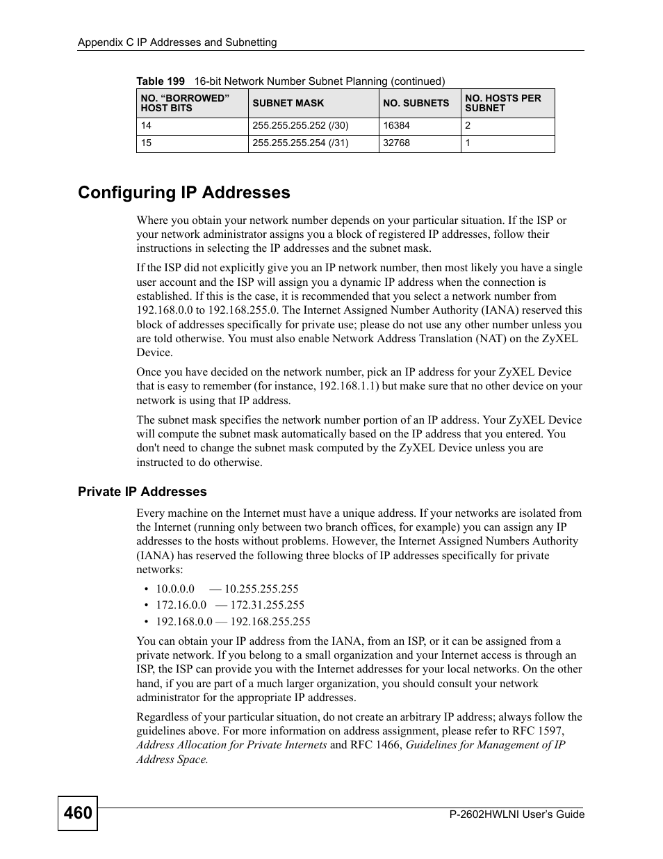460 configuring ip addresses | ZyXEL Communications P-2602HWLNI User Manual | Page 460 / 496