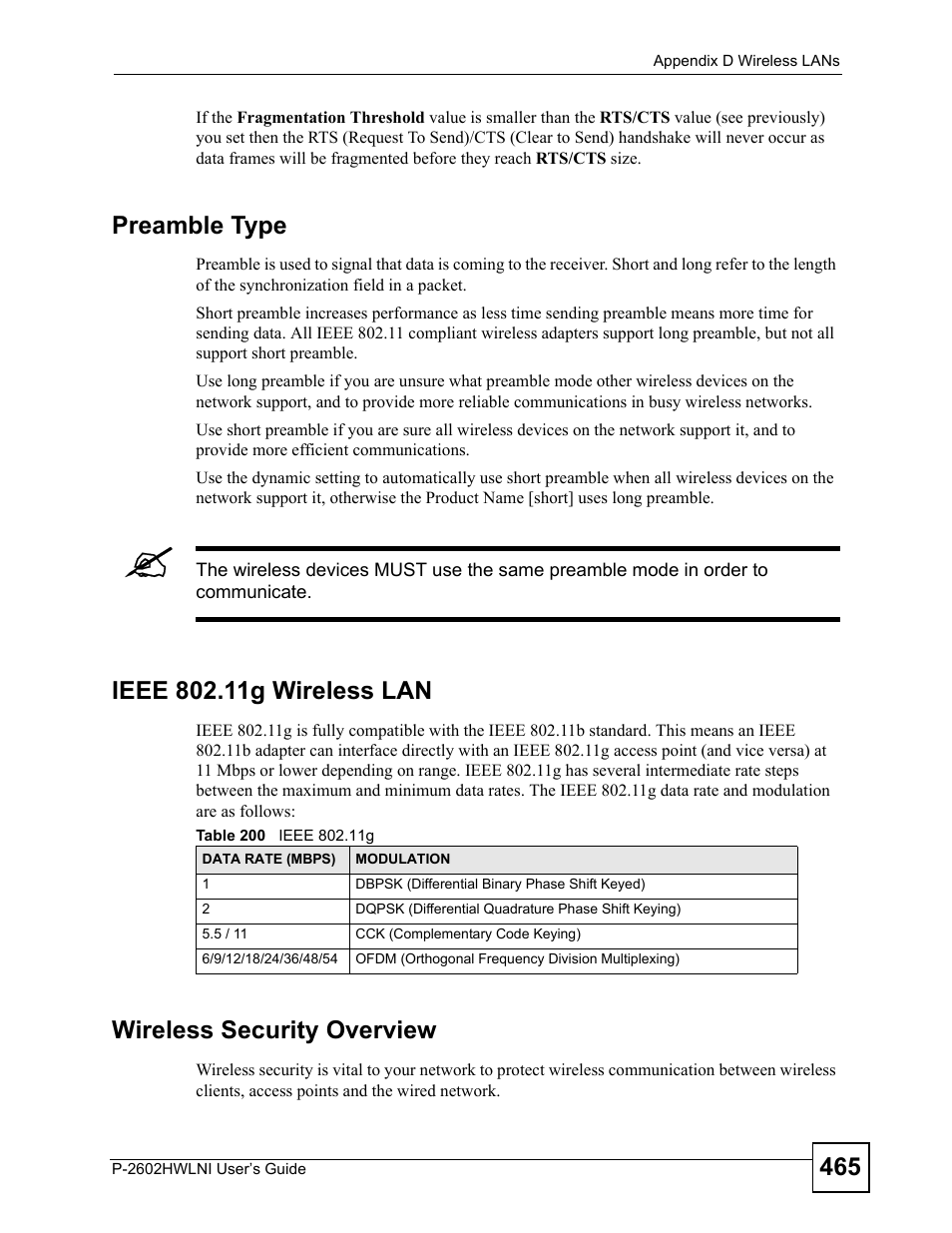 Table 200 ieee 802.11g, Preamble type, Wireless security overview | ZyXEL Communications P-2602HWLNI User Manual | Page 465 / 496