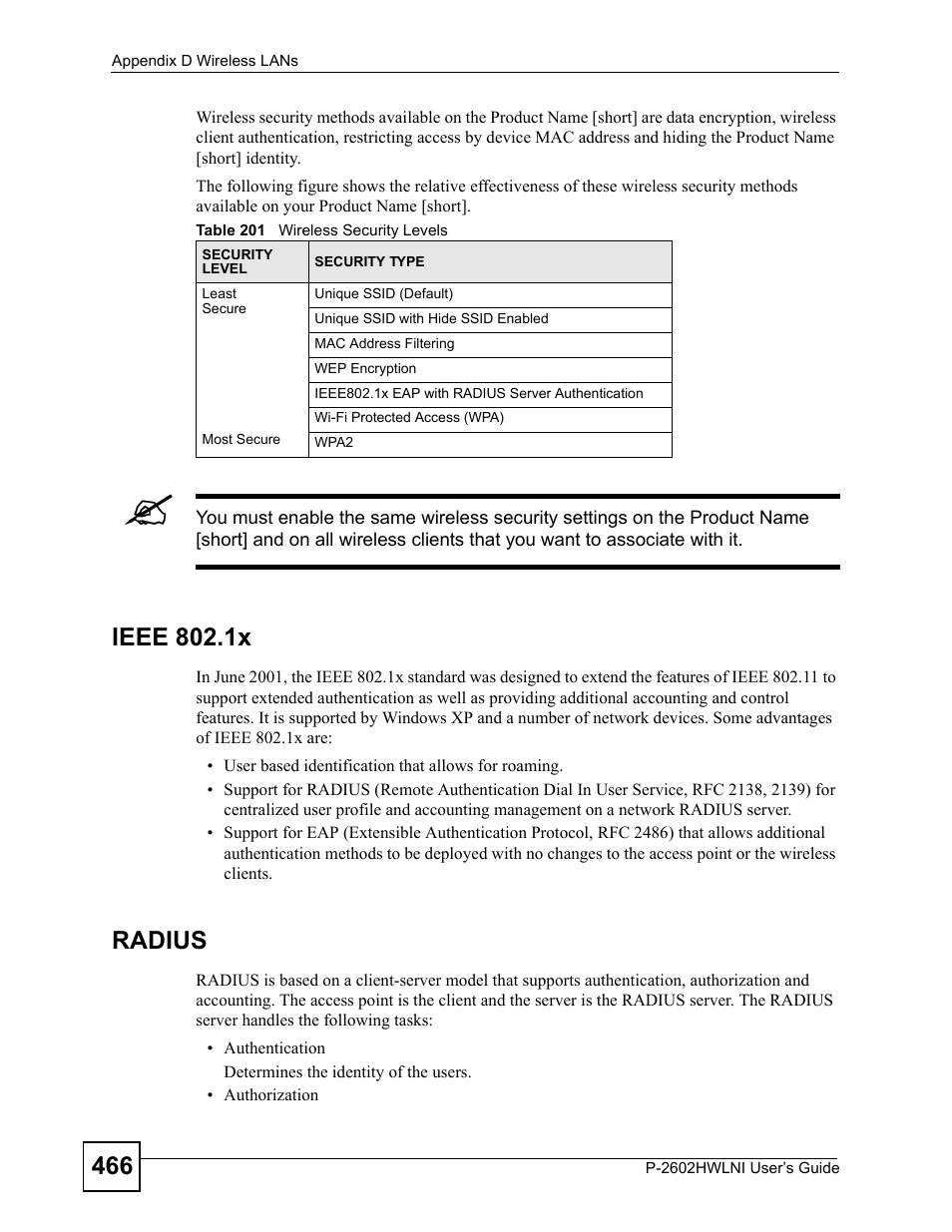 Table 201 wireless security levels, Ieee 802.1x, Radius | ZyXEL Communications P-2602HWLNI User Manual | Page 466 / 496