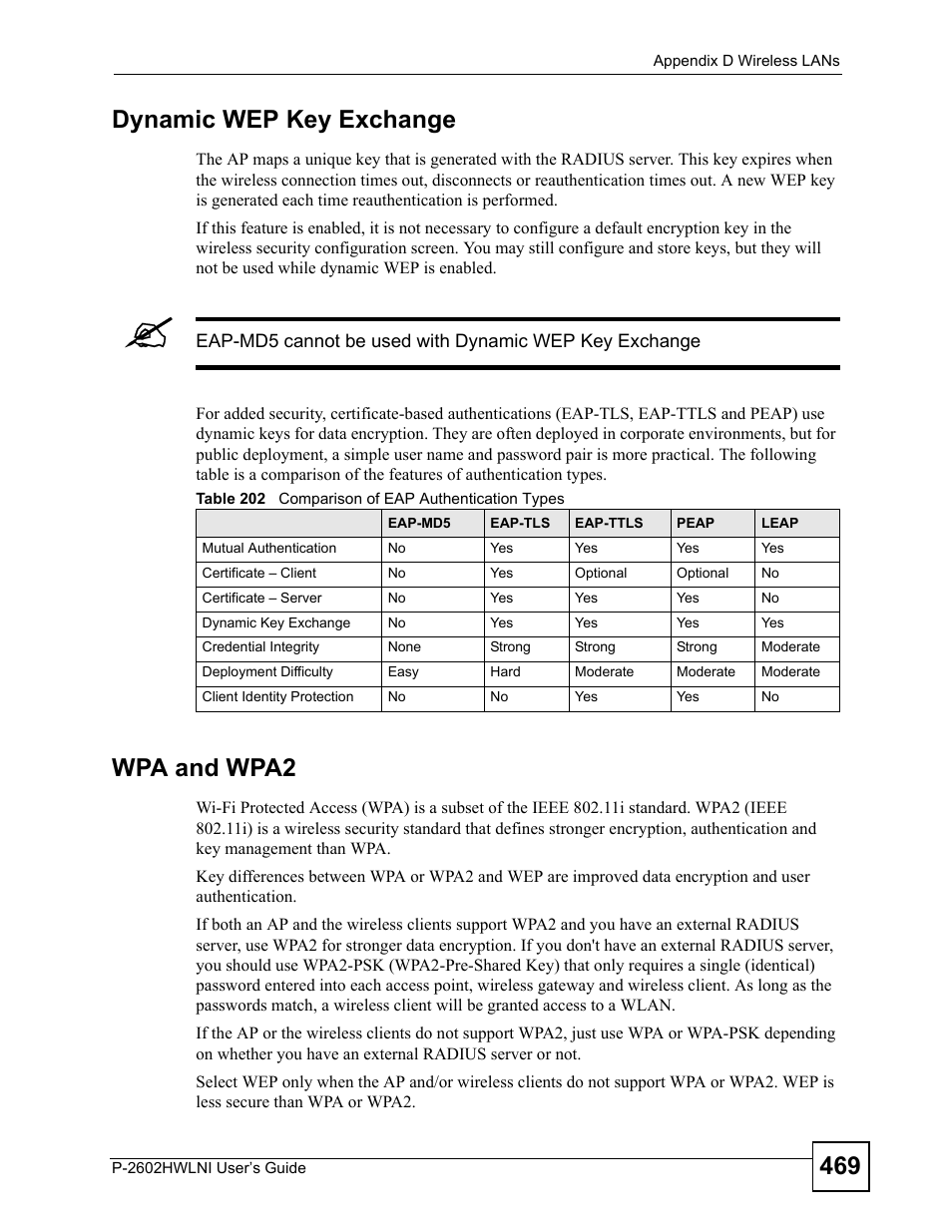 Table 202 comparison of eap authentication types, 469 dynamic wep key exchange, Wpa and wpa2 | ZyXEL Communications P-2602HWLNI User Manual | Page 469 / 496