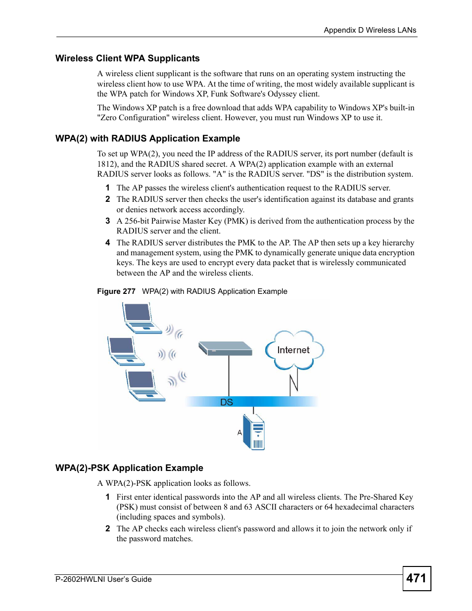 Figure 277 wpa(2) with radius application example | ZyXEL Communications P-2602HWLNI User Manual | Page 471 / 496