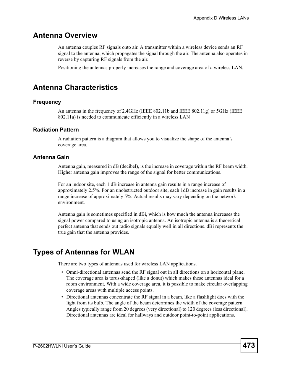 473 antenna overview, Antenna characteristics, Types of antennas for wlan | ZyXEL Communications P-2602HWLNI User Manual | Page 473 / 496