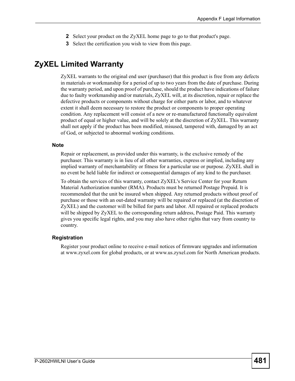 Zyxel limited warranty | ZyXEL Communications P-2602HWLNI User Manual | Page 481 / 496