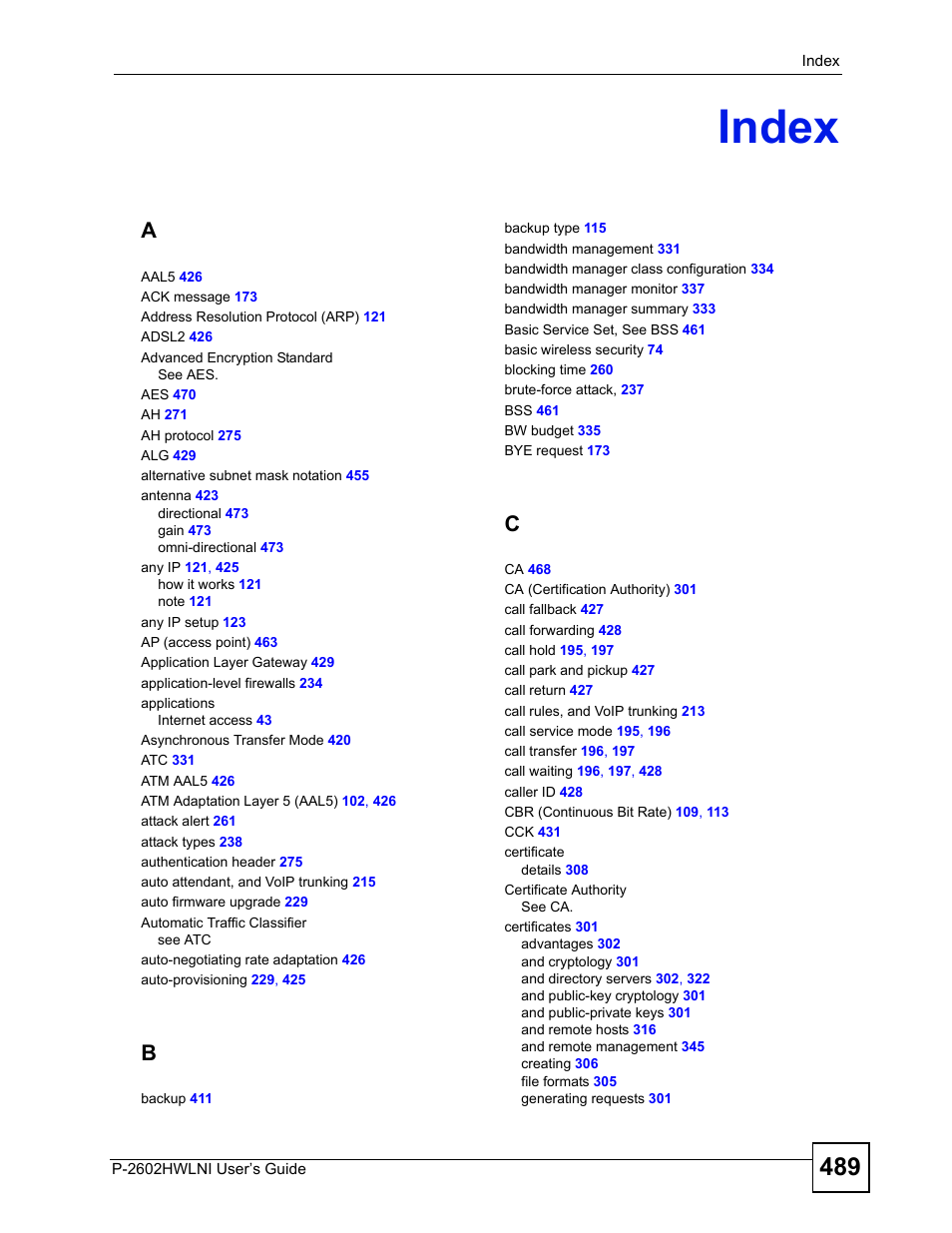 Index, Index (489) | ZyXEL Communications P-2602HWLNI User Manual | Page 489 / 496