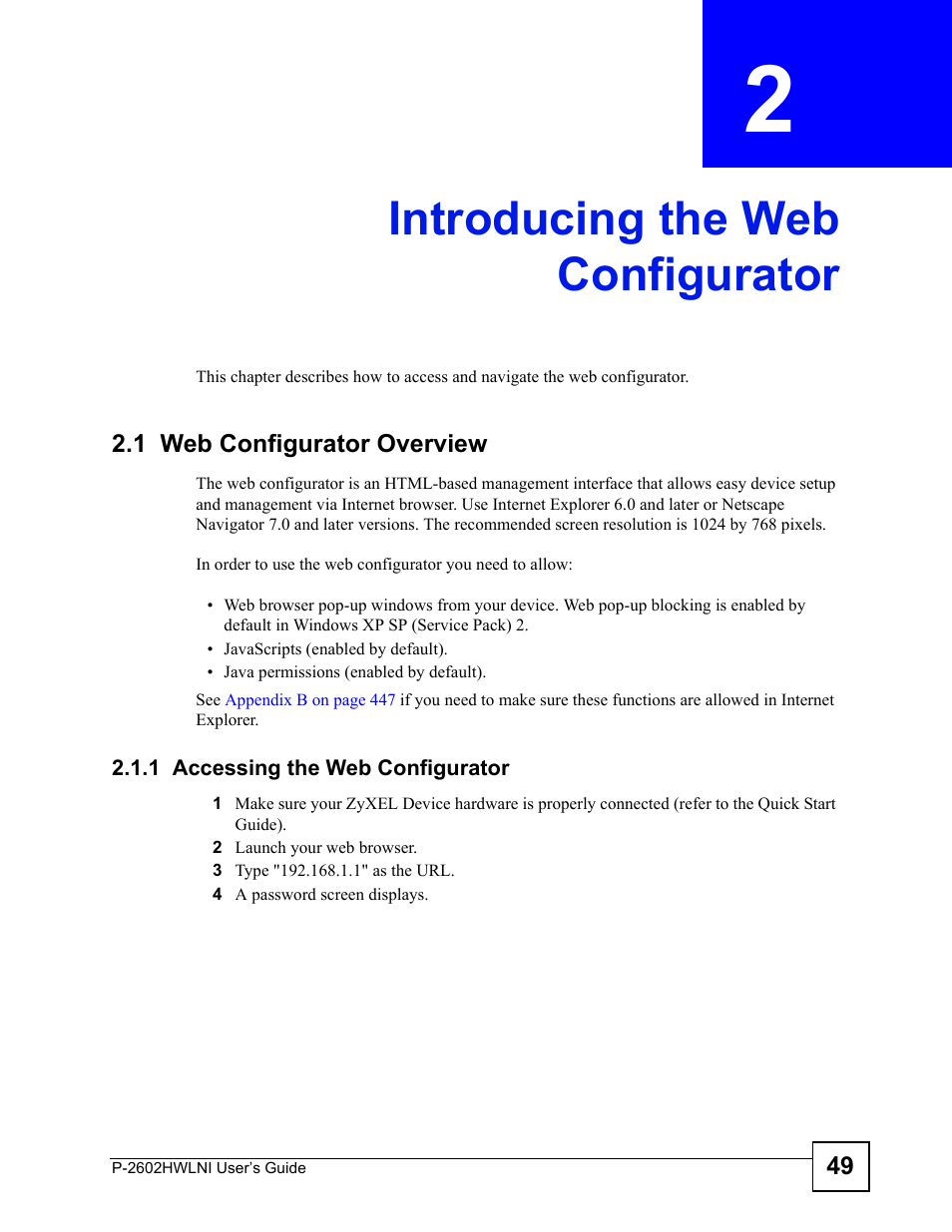 Introducing the web configurator, 1 web configurator overview, 1 accessing the web configurator | Chapter 2 introducing the web configurator | ZyXEL Communications P-2602HWLNI User Manual | Page 49 / 496