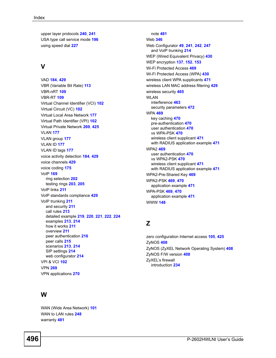 ZyXEL Communications P-2602HWLNI User Manual | Page 496 / 496