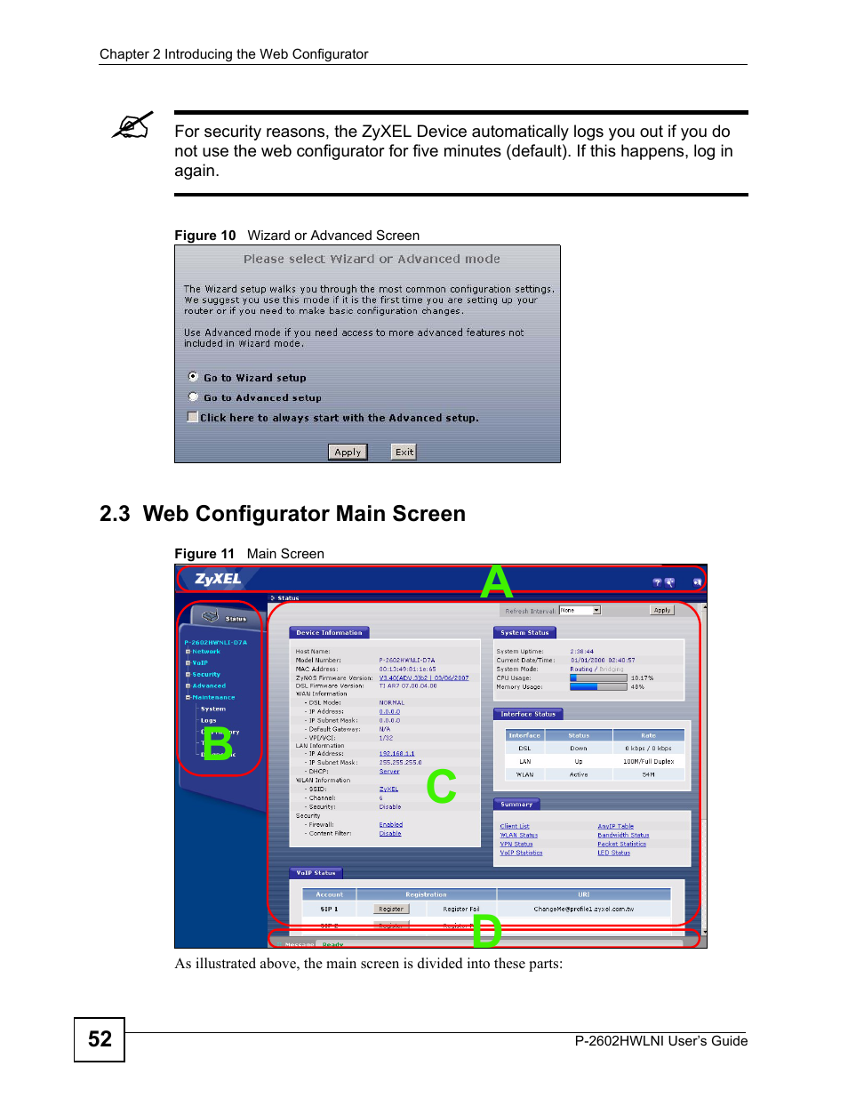 3 web configurator main screen, Ab c d | ZyXEL Communications P-2602HWLNI User Manual | Page 52 / 496