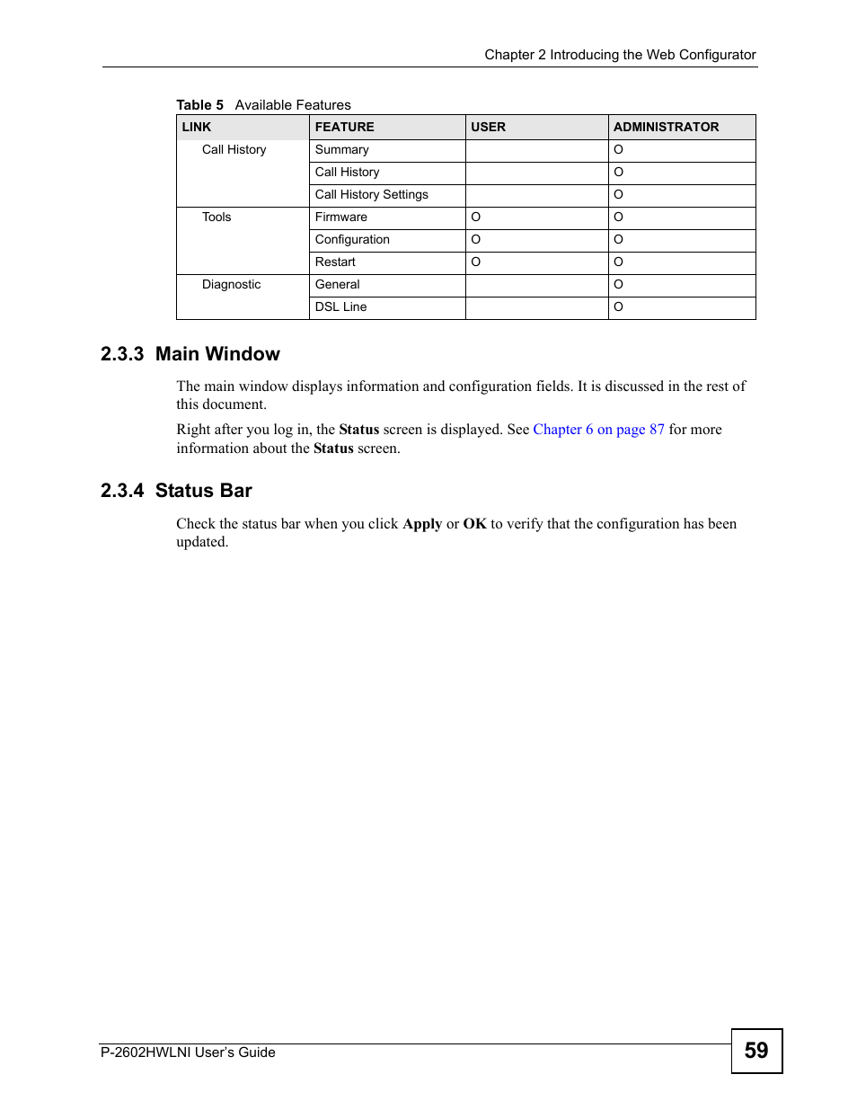 3 main window, 4 status bar, 3 main window 2.3.4 status bar | ZyXEL Communications P-2602HWLNI User Manual | Page 59 / 496