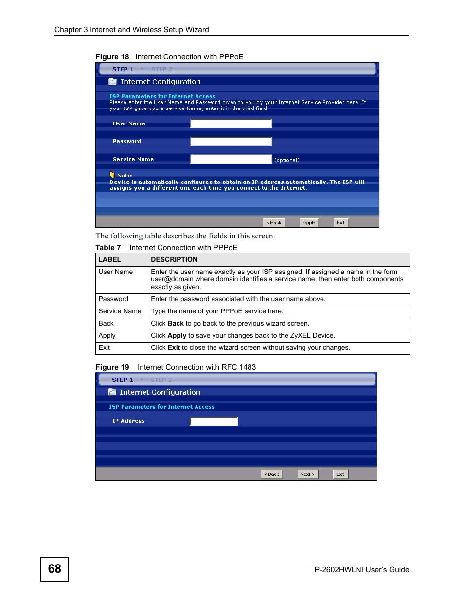 Table 7 internet connection with pppoe | ZyXEL Communications P-2602HWLNI User Manual | Page 68 / 496