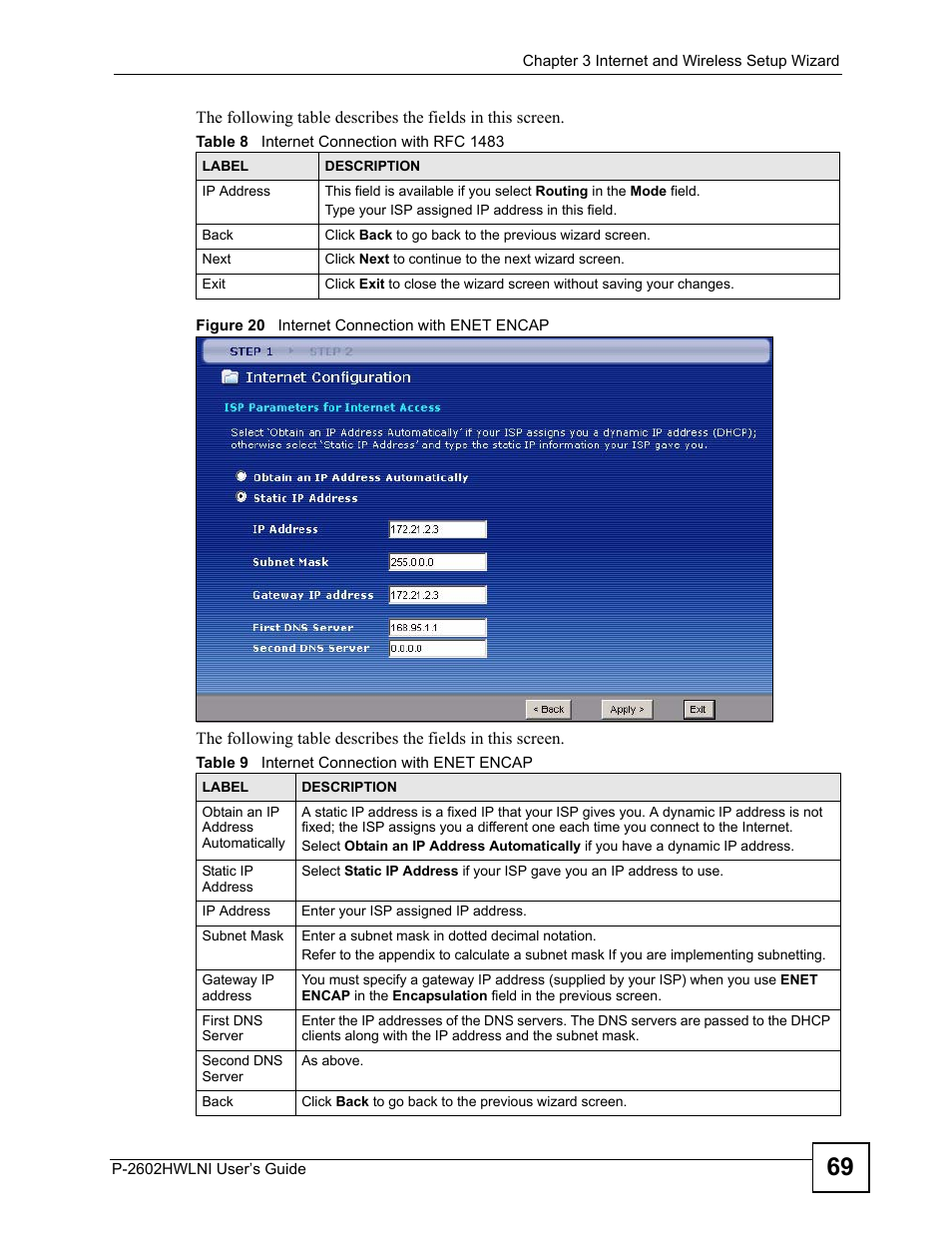 Figure 20 internet connection with enet encap | ZyXEL Communications P-2602HWLNI User Manual | Page 69 / 496