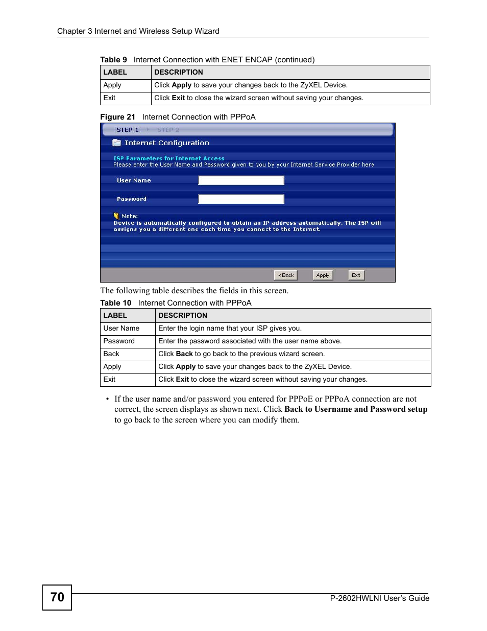 Figure 21 internet connection with pppoa, Table 10 internet connection with pppoa | ZyXEL Communications P-2602HWLNI User Manual | Page 70 / 496
