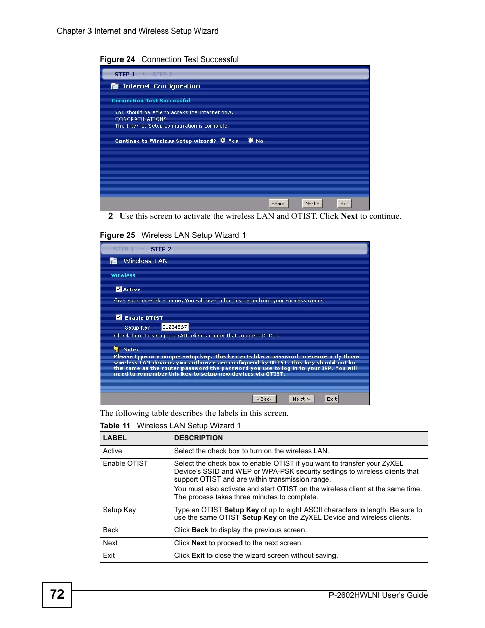 Table 11 wireless lan setup wizard 1 | ZyXEL Communications P-2602HWLNI User Manual | Page 72 / 496