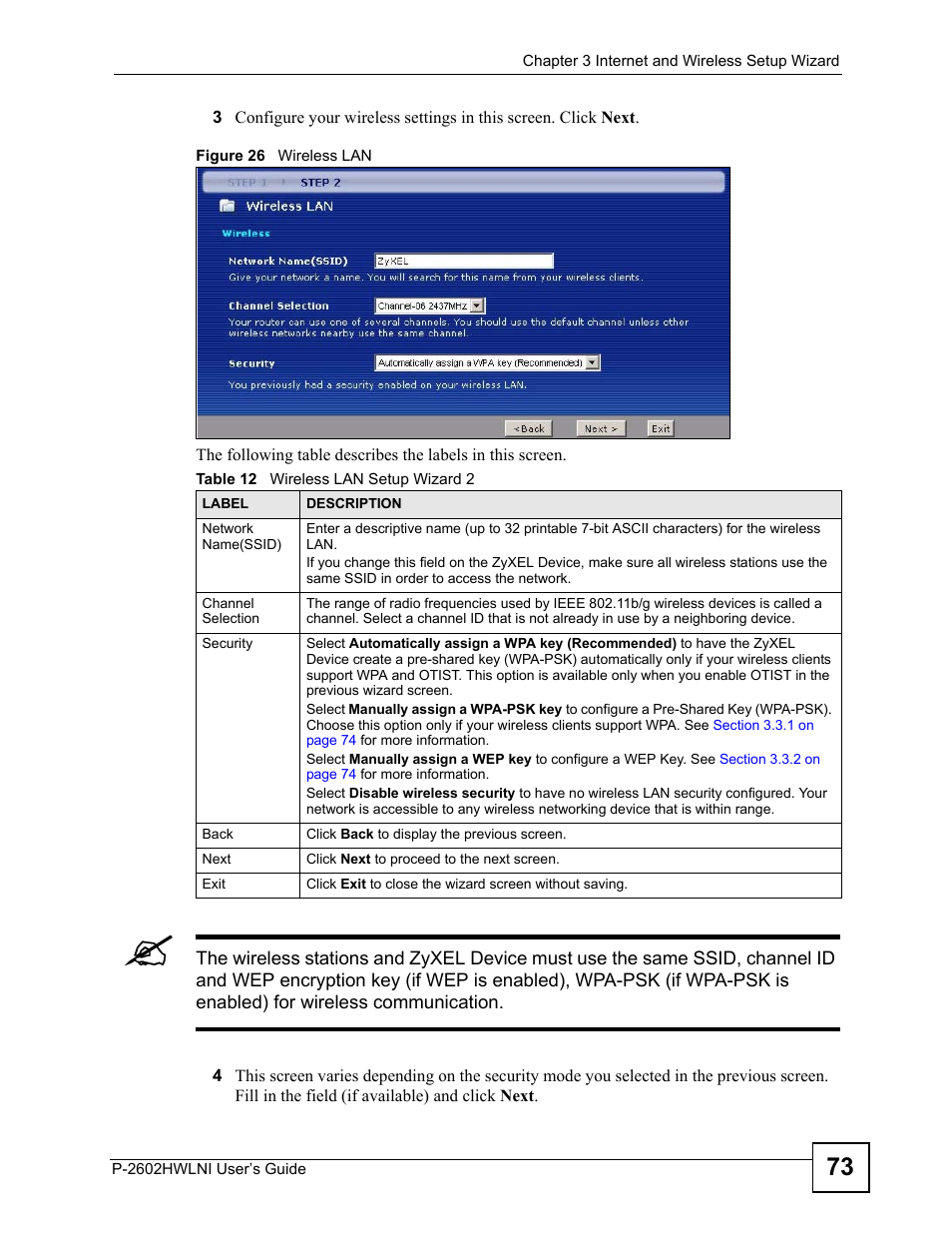 Figure 26 wireless lan, Table 12 wireless lan setup wizard 2 | ZyXEL Communications P-2602HWLNI User Manual | Page 73 / 496