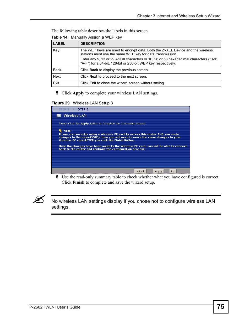 Figure 29 wireless lan setup 3, Table 14 manually assign a wep key | ZyXEL Communications P-2602HWLNI User Manual | Page 75 / 496