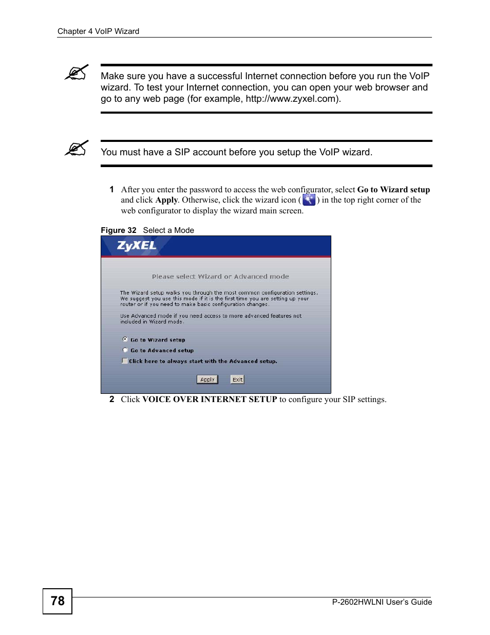 Figure 32 select a mode | ZyXEL Communications P-2602HWLNI User Manual | Page 78 / 496