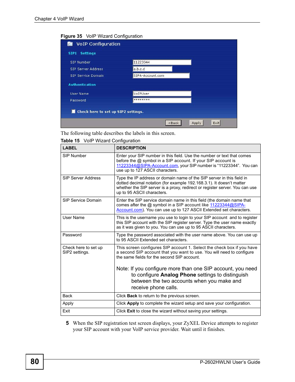 Figure 35 voip wizard configuration, Table 15 voip wizard configuration | ZyXEL Communications P-2602HWLNI User Manual | Page 80 / 496