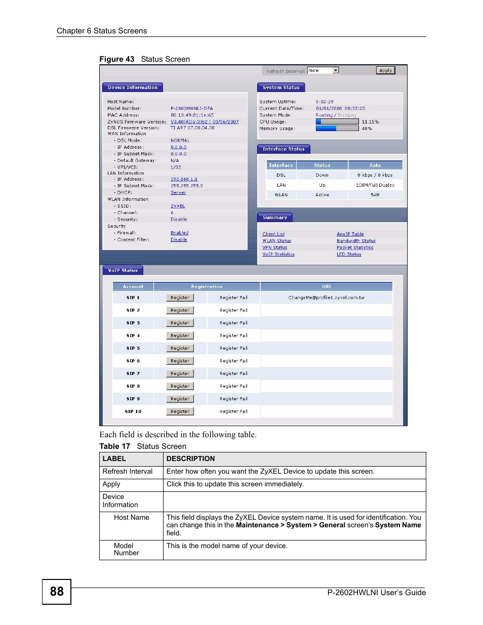Figure 43 status screen, Table 17 status screen | ZyXEL Communications P-2602HWLNI User Manual | Page 88 / 496