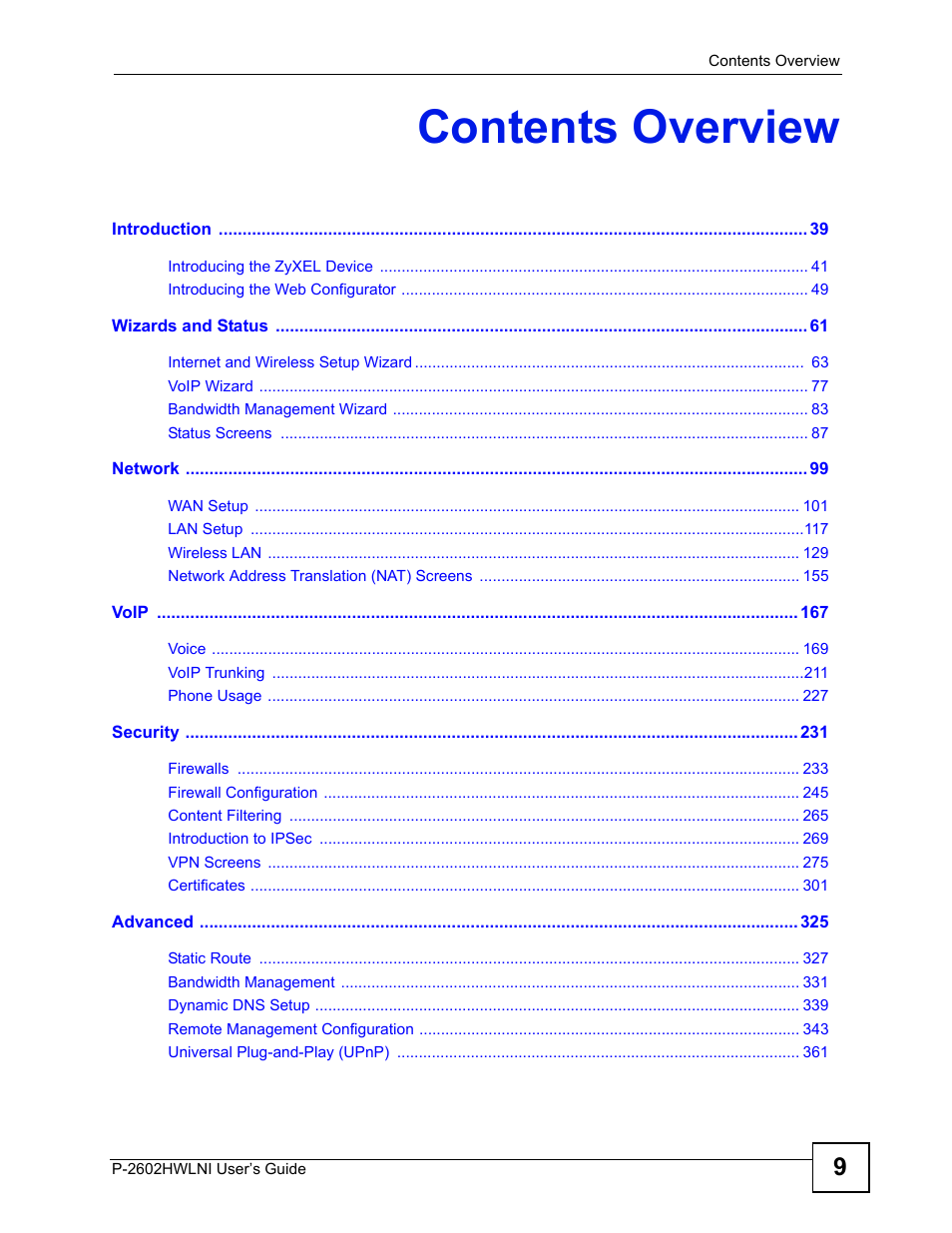 Contents overview | ZyXEL Communications P-2602HWLNI User Manual | Page 9 / 496