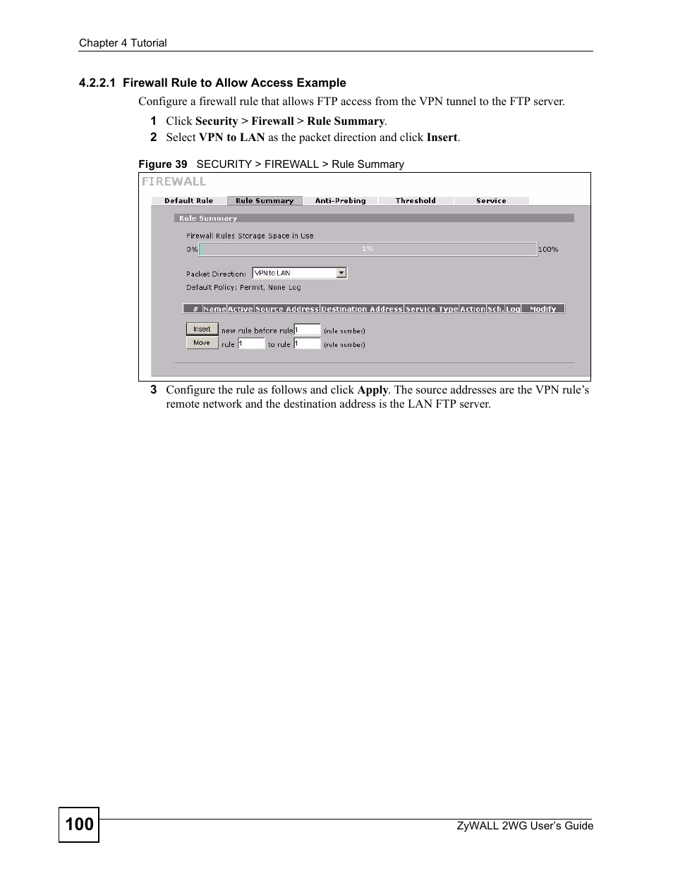 Figure 39 security > firewall > rule summary | ZyXEL Communications ZyXEL ZyWALL 2WG User Manual | Page 100 / 730