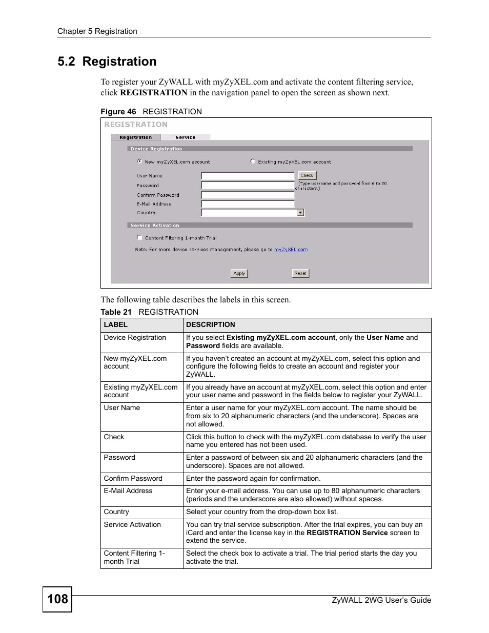 2 registration, Figure 46 registration, Table 21 registration | ZyXEL Communications ZyXEL ZyWALL 2WG User Manual | Page 108 / 730