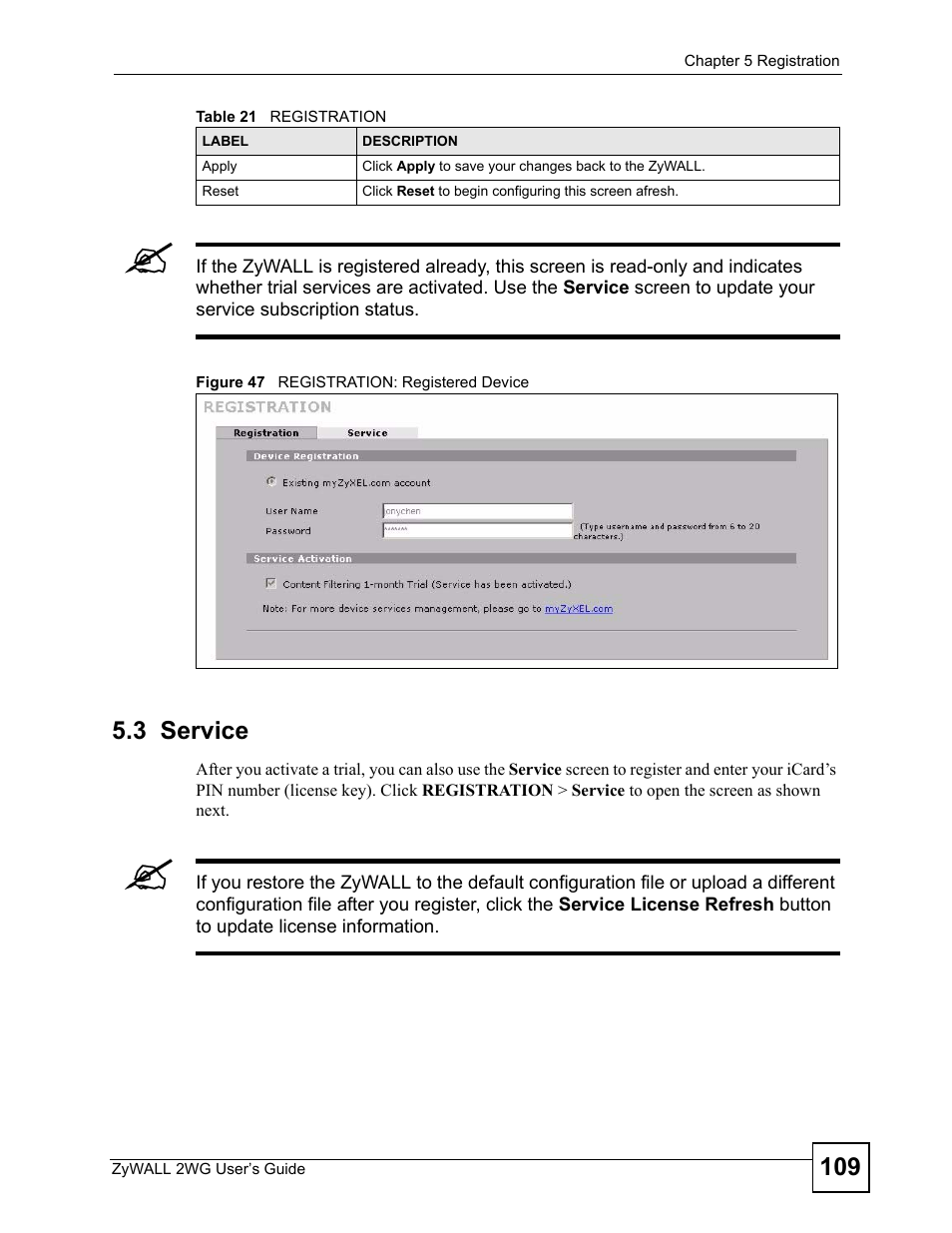 3 service, Figure 47 registration: registered device | ZyXEL Communications ZyXEL ZyWALL 2WG User Manual | Page 109 / 730