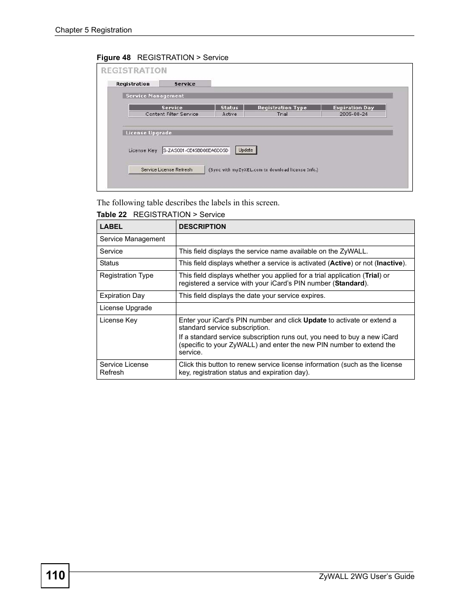 Figure 48 registration > service, Table 22 registration > service | ZyXEL Communications ZyXEL ZyWALL 2WG User Manual | Page 110 / 730