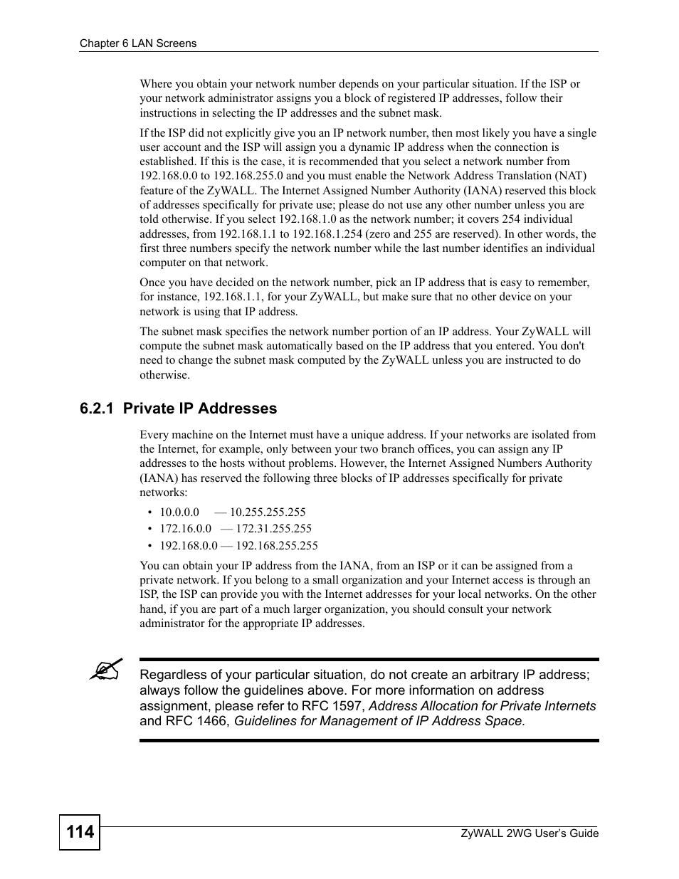 1 private ip addresses | ZyXEL Communications ZyXEL ZyWALL 2WG User Manual | Page 114 / 730