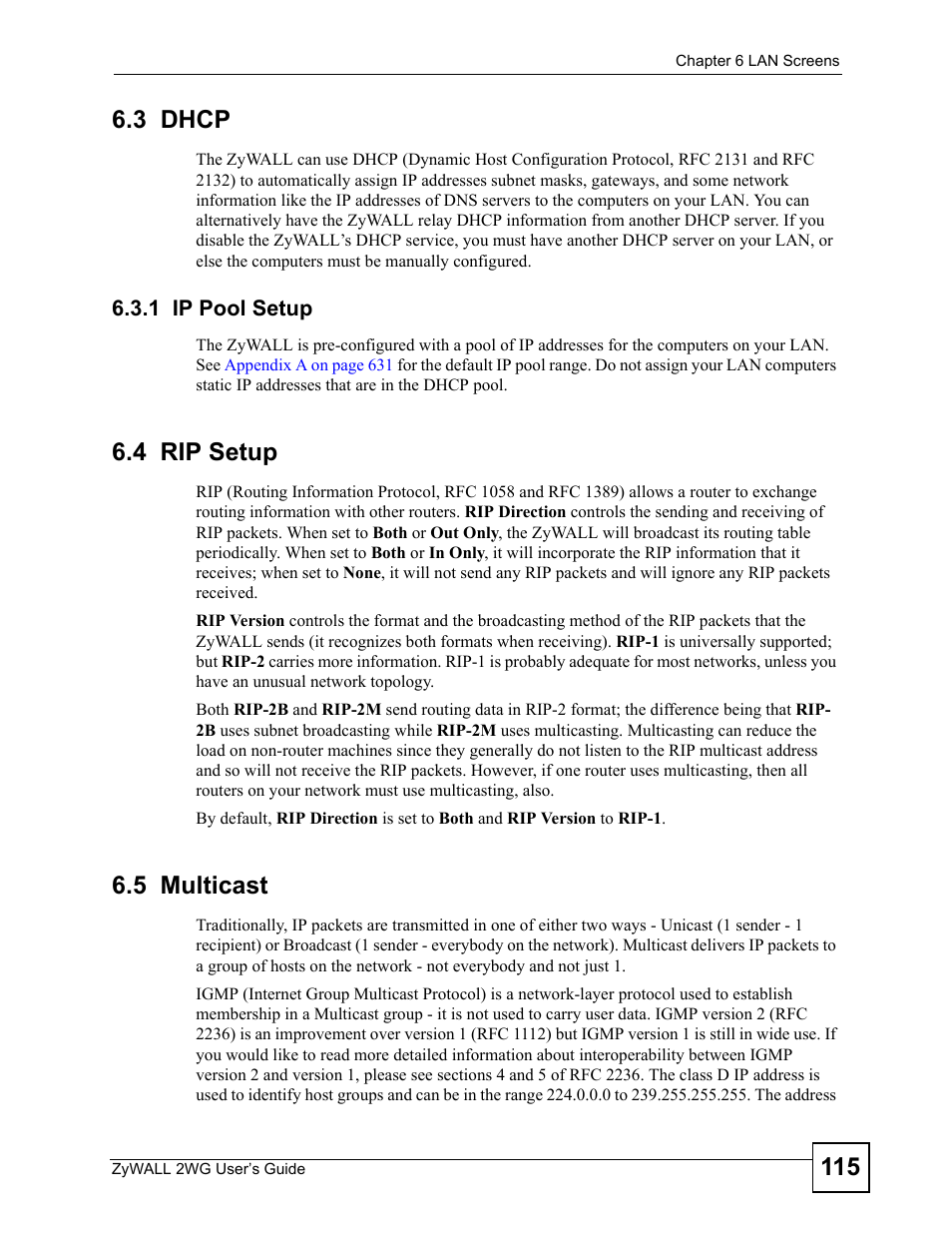 3 dhcp, 1 ip pool setup, 4 rip setup | 5 multicast, 4 rip setup 6.5 multicast | ZyXEL Communications ZyXEL ZyWALL 2WG User Manual | Page 115 / 730